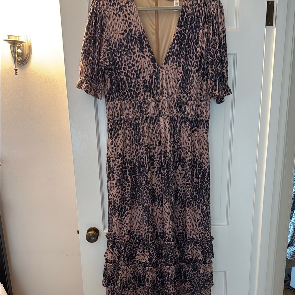 Hutch Pink Ruffled Tiered leopard Midi Dress with Flutter Sleeves